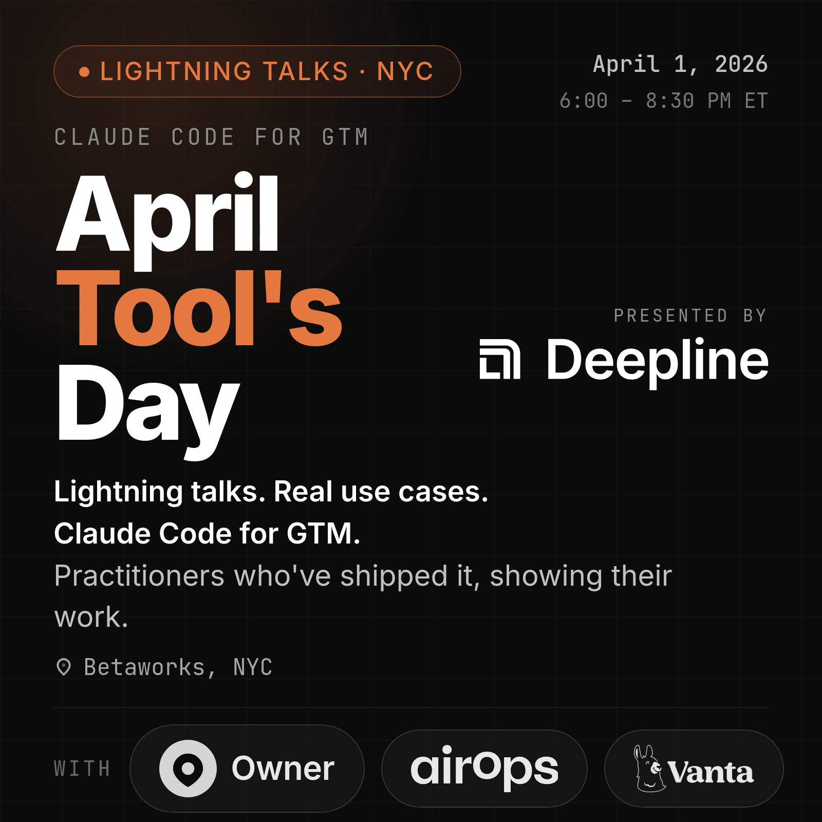 GTM Eng NYC: Claude Code + GTM Lightning Talks - April Tools Day