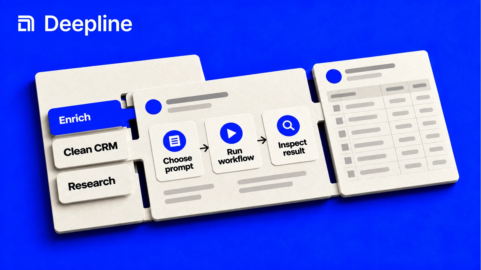 Enrichment, CRM cleanup and research recipes produce inspectable tabular results.