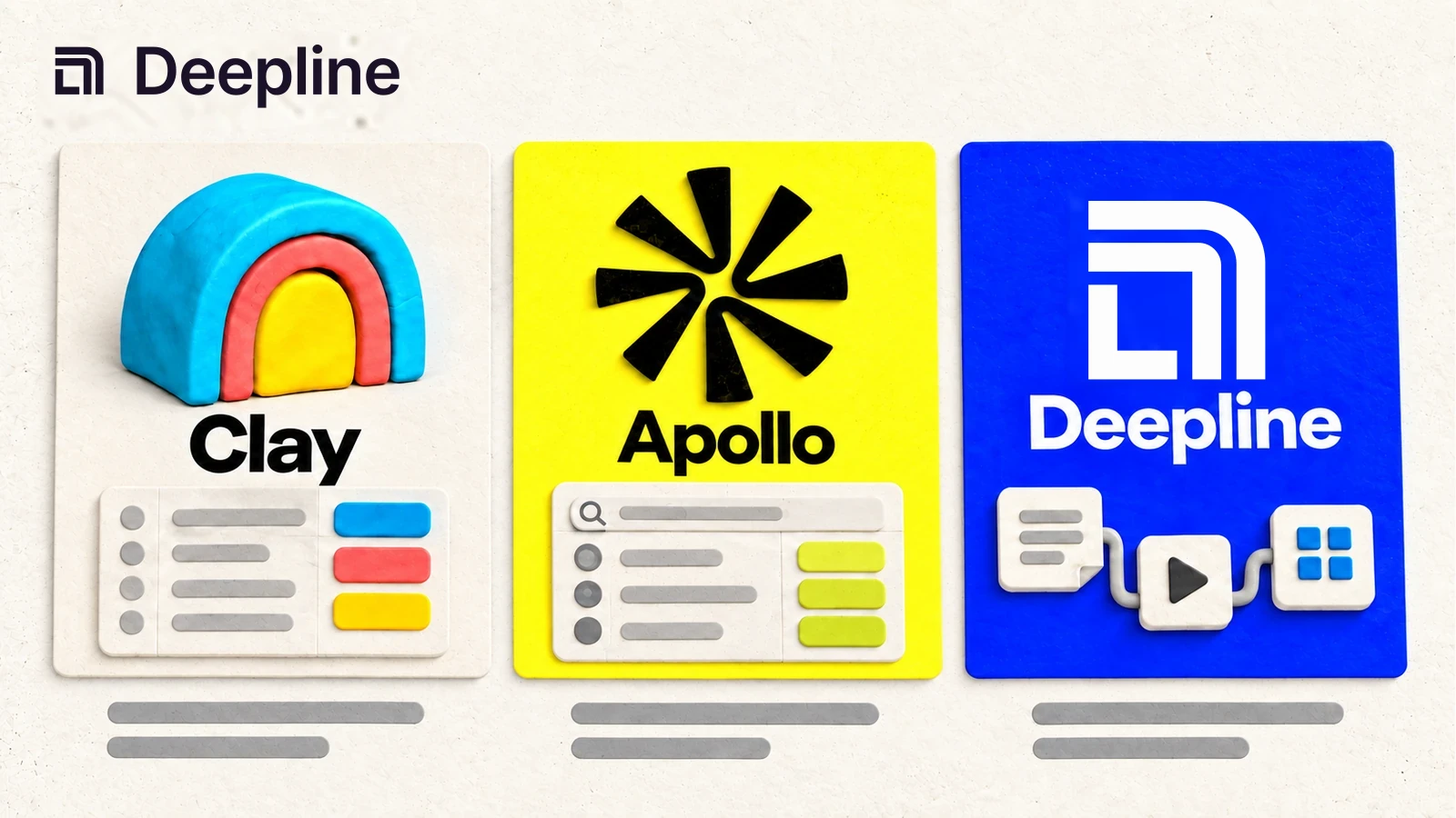 Clay, Apollo and Deepline appear in aligned panels for tables, search and workflows.